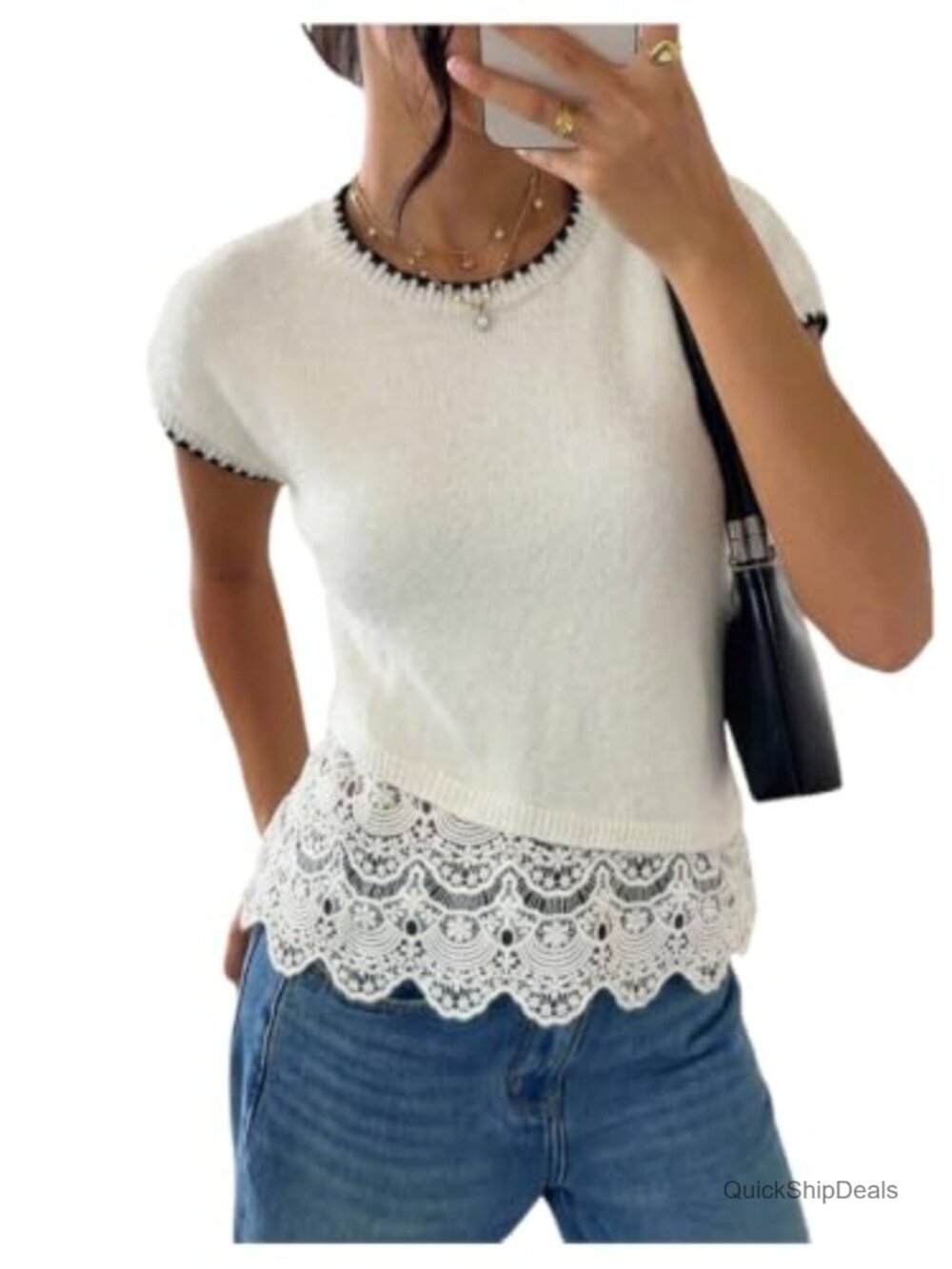 Lace Trim Short Sleeve Knit Sweater Asymmetrical Work Top